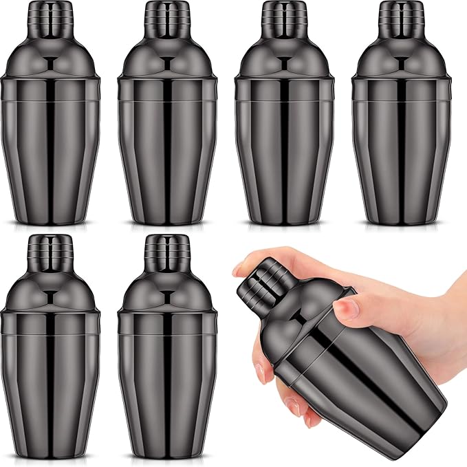 Nitial 6 Pcs Bar Cocktail Shaker Professional Stainless Steel Martini Drink Mixer Built-in Strainer for Bartending No Leaks Shaker for Bar Party Drink Mixer (Black,8 oz)