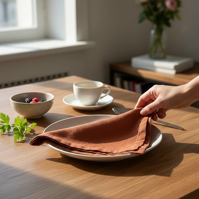 Hemstitched Linen Napkins – 20 Inch x 20 Inch – Stonewashed Pure Linen Cloth Dinner Napkins with Mitered Corners - 100% French Flax – Machine Washable - Set of 4 (Rustic Orange)