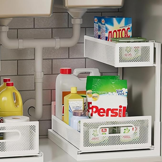 Undersink Organizers 2-Tier Under Cabinet Pull Out Storage with Sliding Out Drawers, Under the Sink Organizer for Bathroom Kitchen Durable Rack Shelf Space-Saving Organization, White 1 Pack