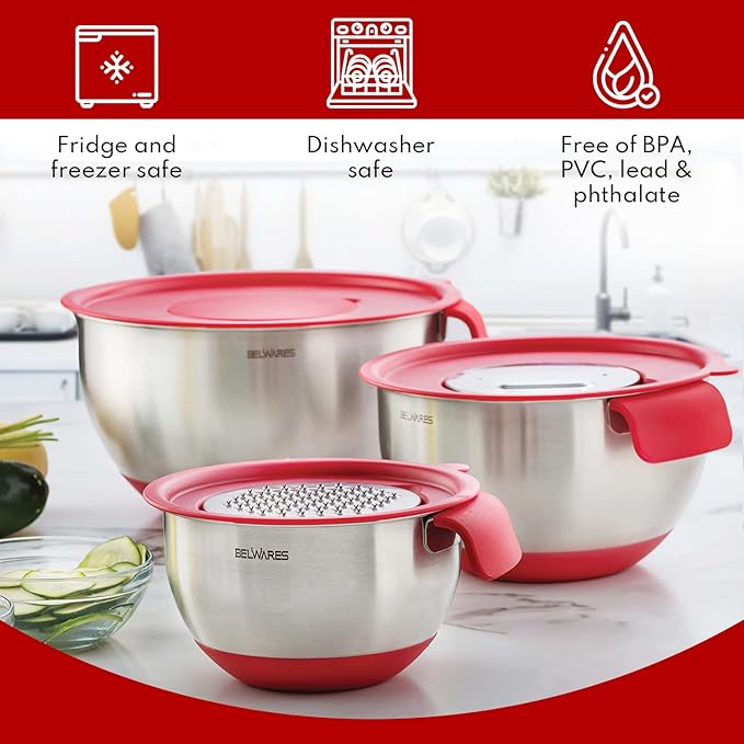 Belwares Mixing Bowls with Lids Set - 3-Piece Stainless Steel Nesting Bowls with Graters, Handles, and Airtight Lids - Non-Slip Mixing Bowls for Cooking, Baking, Prepping, and Food Storage (Red)