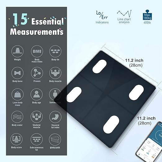 NUTRI FIT Scale for Body Weight and Fat Percentage, Digital Bathroom Smart Bluetooth Scale LED Display, 15 Body Composition Analyzer Baby Weight BMl Health Monitor Sync with App 400lbs - Black
