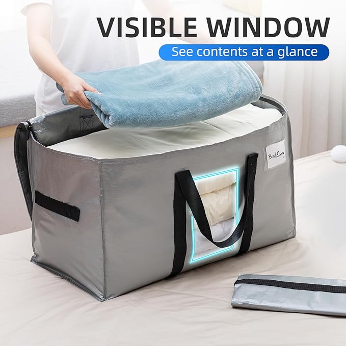TAILI Extra Large Moving Bags, 2 Pack Silver Heavy Duty Totes for Storage with Visible Window, Wrap Around Handles, Storage Bags for Space Saving, Alternative to Moving Boxes