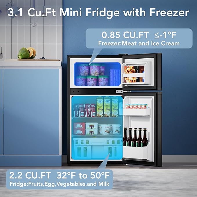 3.1 Cu.Ft Mini Fridge with Freezer, 2 Door Compact Refrigerator, Mini Fridge with Adjustable Removable Glass Shelves for Bedroom, Office, Dorm or Apartment, Black