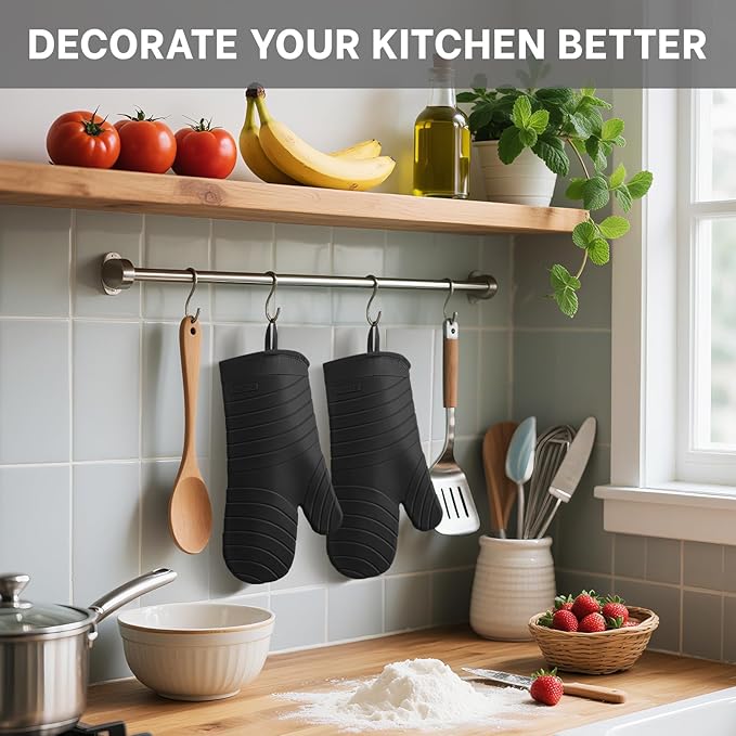 Beneno Premium Silicone Oven Mitts 2-Pack Heat Resistant 500°F, Soft Flexible Non-Slip Grips, BPA-Free & Waterproof Oven Mitts with Comfort Cotton Lining for Baking, Grilling, Cooking, 7"x13", Black