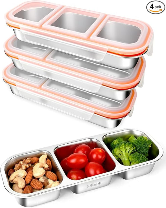 4-Pack Food-Grade Stainless Steel Snack Containers, Multi-Compartment & Leakproof, Ideal for Families & Travel, Stackable, Kid & Adult Bento Storage (4 Pack)