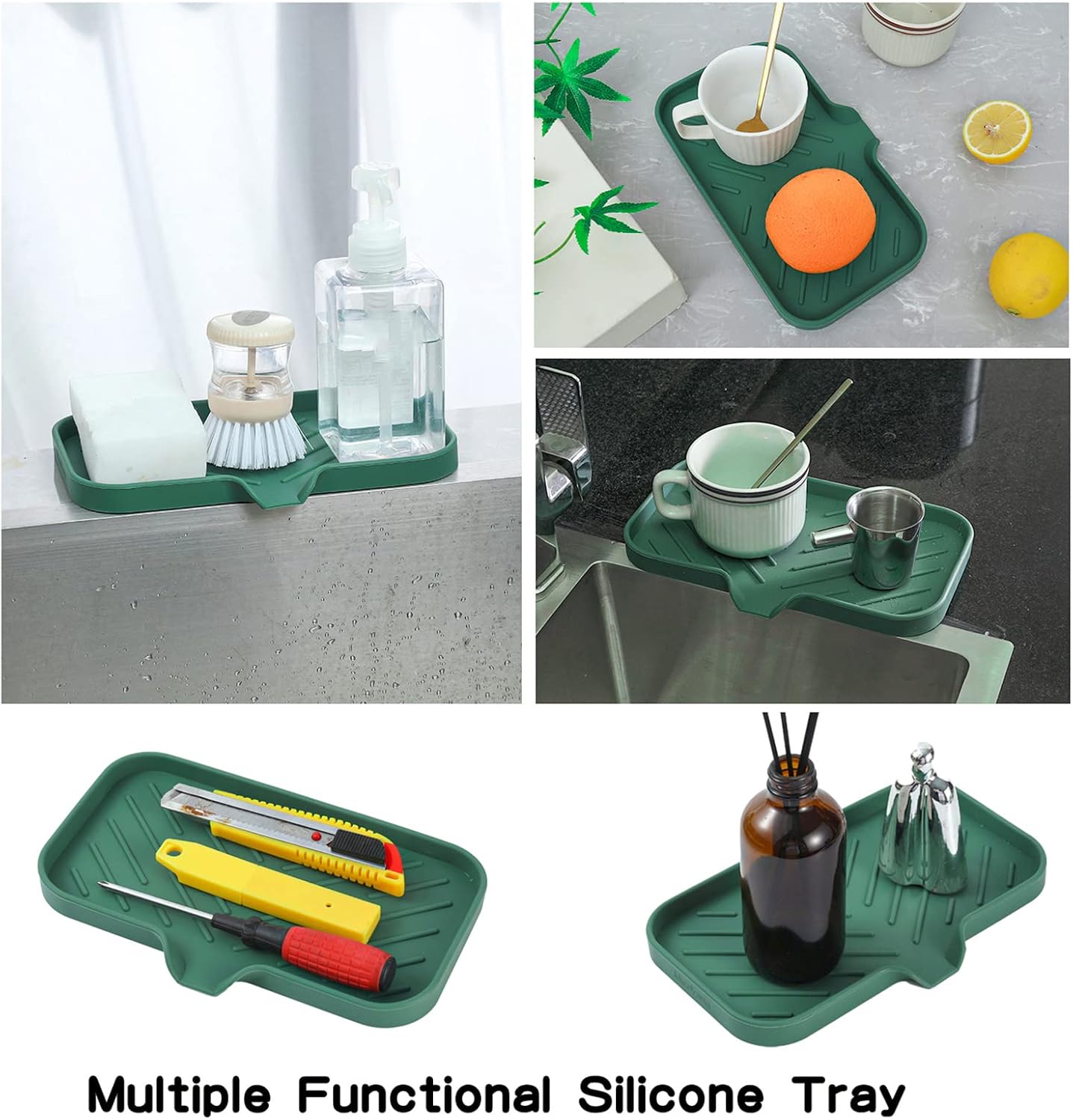 Silicone Bathroom Soap Dishes with Drain Spout-Bathroom and Kitchen Sink Organizer,Sponge Holder,Dish Soap Tray,Perfect for Dispenser,Scrubber,Bottle,Cup on Sink or Counter-Green 9.6"×5.3"