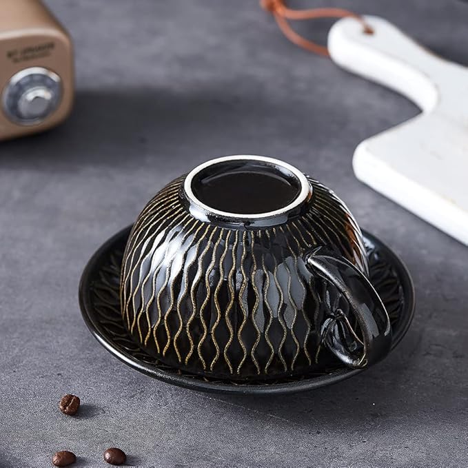Vintage Design 12 oz Ceramic Latte Art Cappuccino Barista Cup with Saucer (Embossed Black)