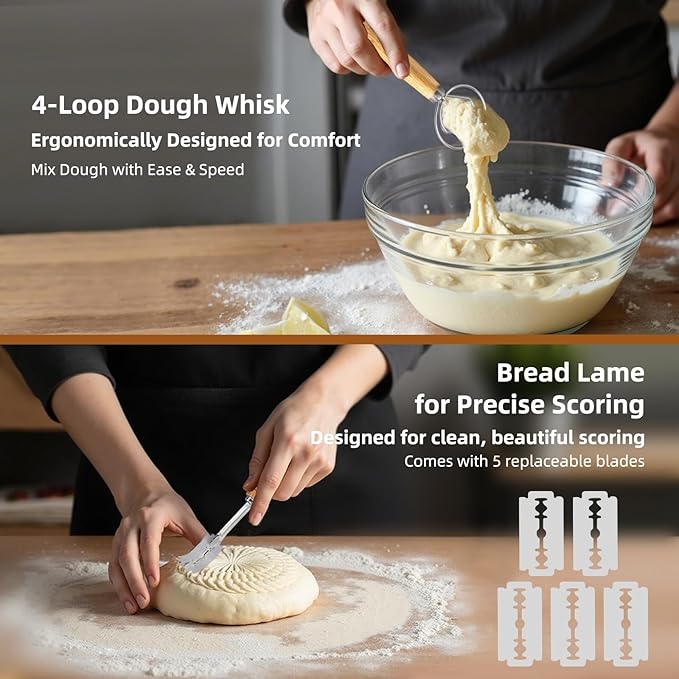 Sourdough Bread Proofing Basket Set, 9" Round & 10" Oval Proofing Baskets with Glass Starter Jar, Dough Whisk, Dough Cutter, Bread Sling & Complete Baking Kit