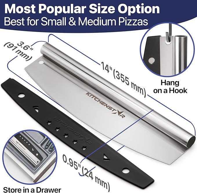 14" Pizza Making Kit (Set of 2) - 14" Pizza Cutter Rocker Knife with Blade Cover + 13" Perforated Stainless Steel Pizza Peel with Folding Handle - Ultimate Pizza Oven Accessories