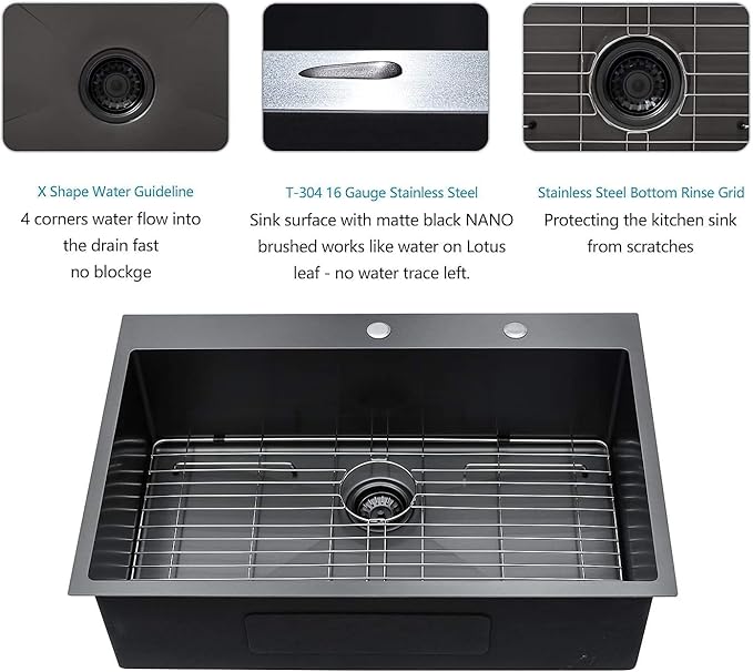 Lordear 30x22 Kitchen Sink Black Drop In Single Bowl 16 Gauge Stainless Steel Gunmetal Black 30 Inch Topmount Kitchen Sinks 30" Basin