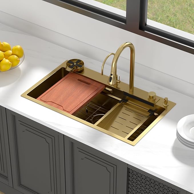 Lordear 33 Watefall Gold Kitchen Sink Drop In 33x19x9 Inch Topmount Sink Stainless Steel 16 Gauge Single Bowl Multifunctional Workstation Sinks with Built-in Accessories