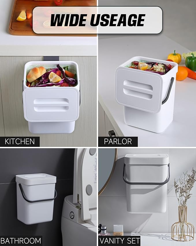 Indoor Compost Bin - 1.3 Gallons Hanging Small Trash Can with Lid for Kitchen Bathroom, Under Sink Kitchen Trash Can, Indoor Counter Compost Bucket with Lid, 5L(White)