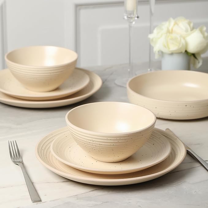 Stone Lain Lauren Modern Stoneware 16-piece Round Dinnerware Set, Plates and Bowls Set, Dish set for 4, Beige