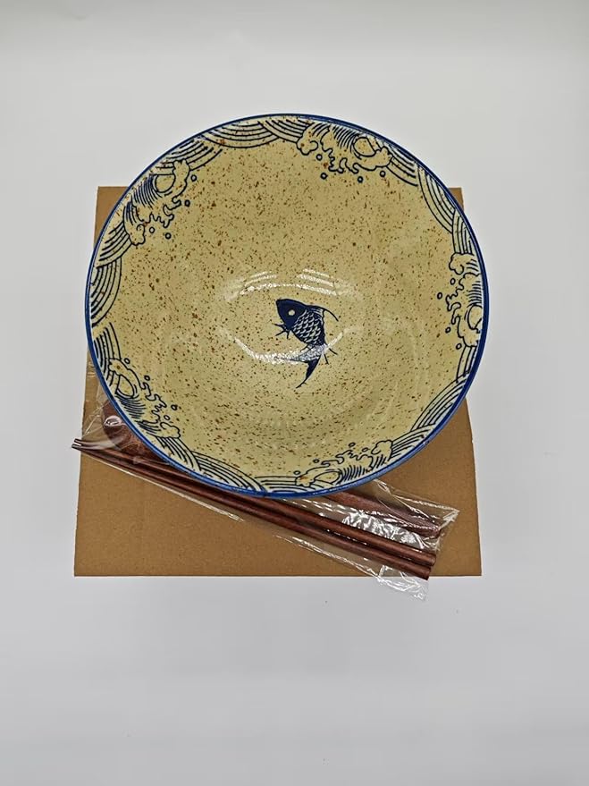40 OZ ceramic ramen bowls, 8 IN large Japanese noodle soup bowl, match chopsticks and spoons, suitable for Pho, Udon Asian noodles (Japanese fish)