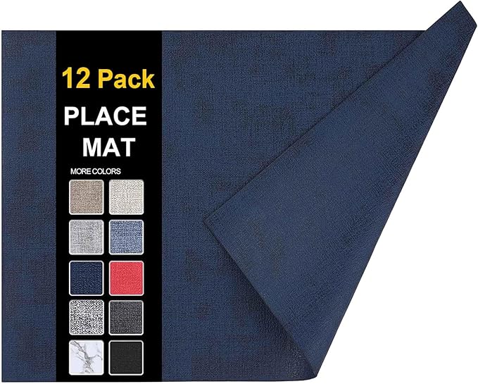 homing Faux Leather Heat Resistant Placemats 12 Packs, Waterproof Wipeable Dining PU Place Mats for Indoor & Outdoor, Easy to Clean, Dark Navy Blue