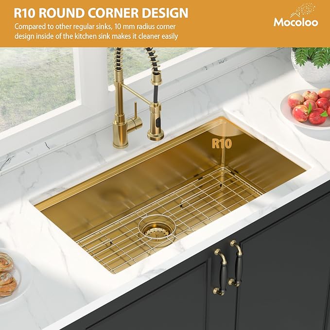 Mocoloo 33 Gold Kitchen Sink - 33 x 19 Inch Undermount Kitchen Sinks Ledge Workstation Gold Sink Single Bowl 16 Gauge Stainless Steel Under Counter Modern Sinks