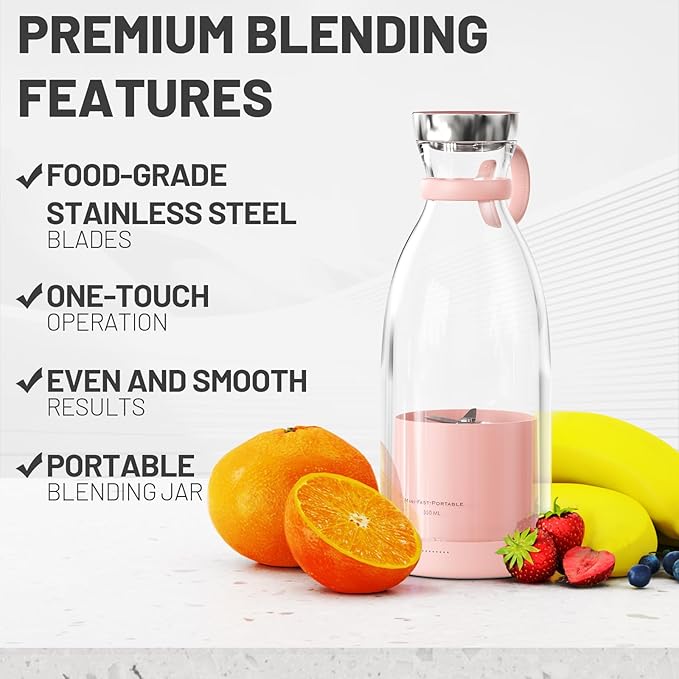 OTPEIR Portable Blender for Shakes and Smoothies with 11.83 Oz Travel Cup and Lid,Durable Stainless Steel Blades for Juice Blending Performance, Pink