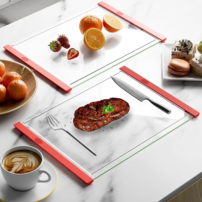 Tempered Glass Cutting Board with Juice Groove - 16x12 Inch Kitchen Cutting Board with Silicone Non-Slip Feet, Easy to Clean & Dishwasher Safe - Ideal for Vegetables, Fruits, Bread, Meats (Red)