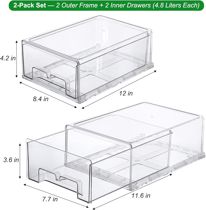 Taiuloo 2 Pack Stackable Refrigerator Organizer Bins with Pull-Out Drawer, Clear BPA-Free Food Storage Containers for Fridge Freezer, Kitchen Pantry Cabinet & Bathroom Vanity Organization