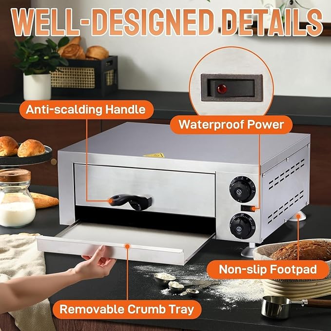 ROVSUN Electric Pizza Oven, 110V 1100W Stainless Steel Pizza Baker with Auto Shut-off, Handle, Removable Crumb Tray, Countertop Pizza Maker for Kitchen Commercial Home-Silver