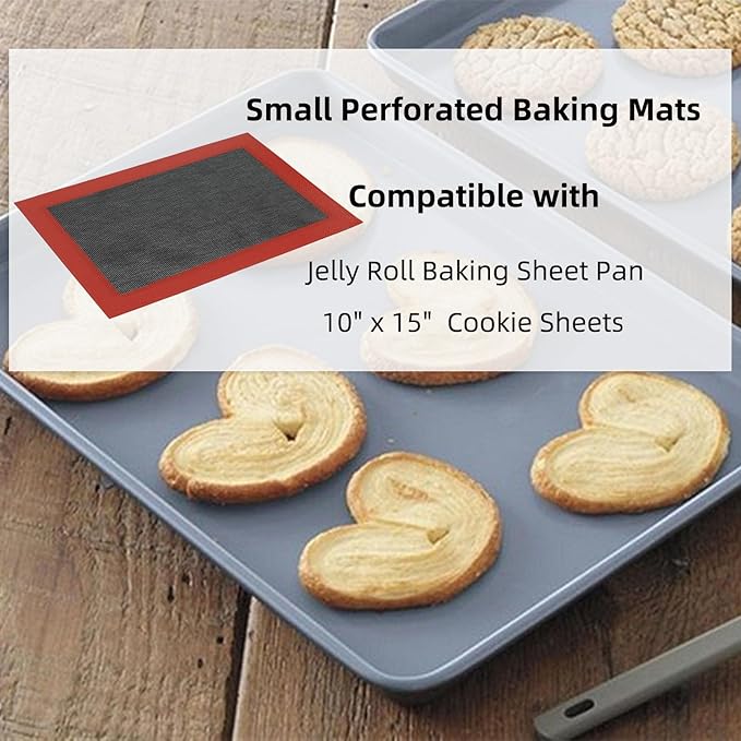 Perforated Silicone Baking Mat for Jelly Roll Pan, Non-Stick Eclair Baking Mat for 10 x 15-inch Tray Pan, 2 Pcs Mesh Cookie Sheet Liner for Homemade Bread, Sugar Cookie and Pastry