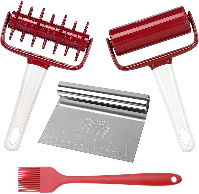 4 pcs Pizza Tool Set Including Pastry Pizza Roller, Pizza Dough Docker that Time-Saving and Dough Cutter and Silicagel Pastry Brush (4 pcs)