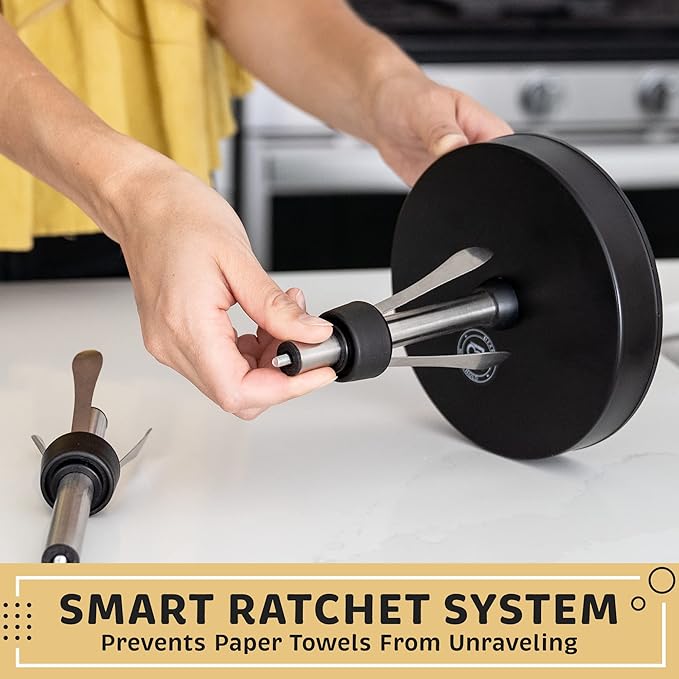 Stainless Steel Black Paper Towel Holder Designed for Easy One-Handed Operation - This Sturdy Weighted Paper Towel Dispenser Countertop Model Has Suction Cups and Holds All Paper Towel Rolls
