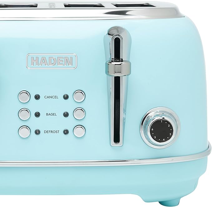 Haden Heritage 4 Slice Wide Slot Stainless Steel Toaster with Adjustable Browning Control & Non-Slip Feet, Turquoise & Chrome