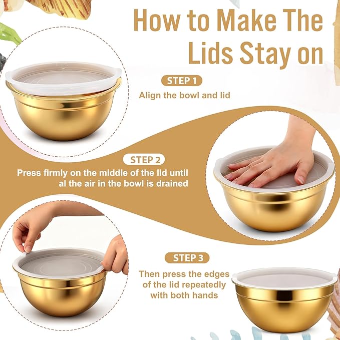 SHENLIU 5 Pcs Gold Mixing Bowls with Airtight Lids, Stainless Steel Mixing Bowl with Colander Metal Nesting Organizers for Kitchen Prepping Serving Food, Non-slip Bottom Size 5.5, 3.6, 2.7, 2.1Qt