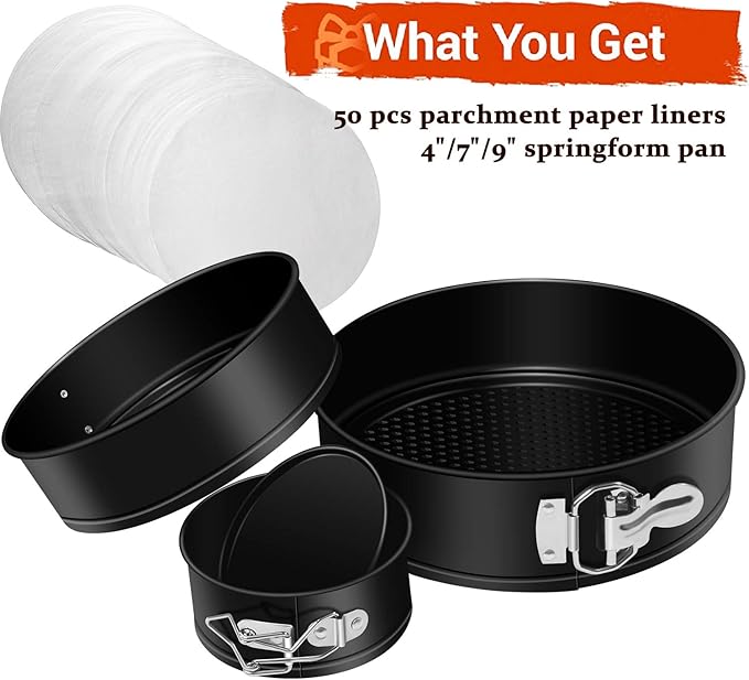 Springform Cake Pan Set of 3 Non-stick Leakproof Round Cheesecake Pan with Removable Bottom, Circle 3 Pieces 4" 7" 9" Springform Pans for Baking with 50 Pcs Parchment Paper Liners