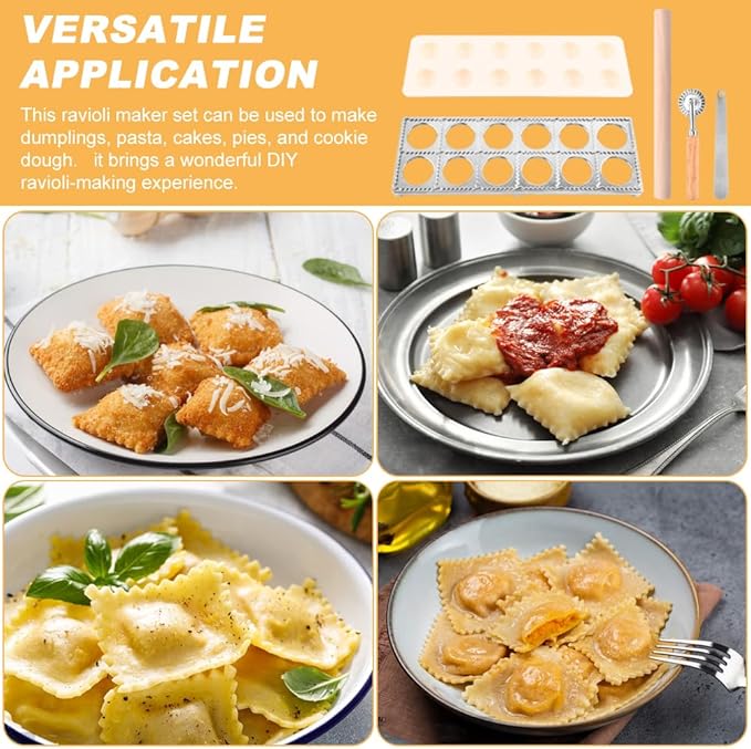 Ravioli Mold Set Include Ravioli Stamp Roller Wheel Wood Rolling Pin Pasta Making Tools Kit Pelmeni Mold Pierogi Press Maker Press Cutter, for home and restaurant