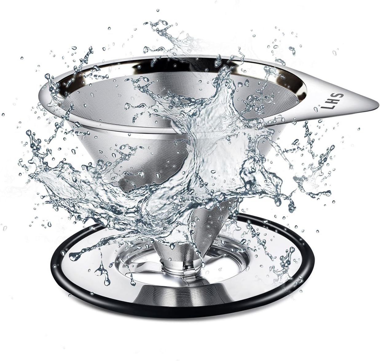 LHS Pour Over Coffee Dripper Stainless Steel Coffee Filter Metal Cone Filter Paperless Reusable Coffee Filter Single Cup Coffee Maker 1-4 Cup With Non-slip Cup Stand and Cleaning Brush