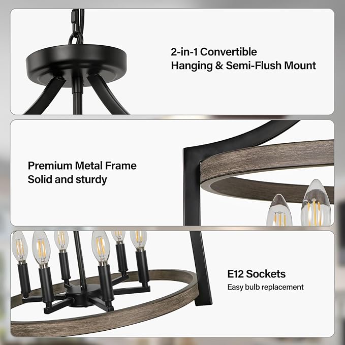 6-Light Farmhouse Chandelier, Metal Faux Wood Hanging Pendant Lighting, Convertible Semi Flush Mount Ceiling Light Fixture Rustic Black Chandeliers for Dining Room Kitchen Foyer Entryway