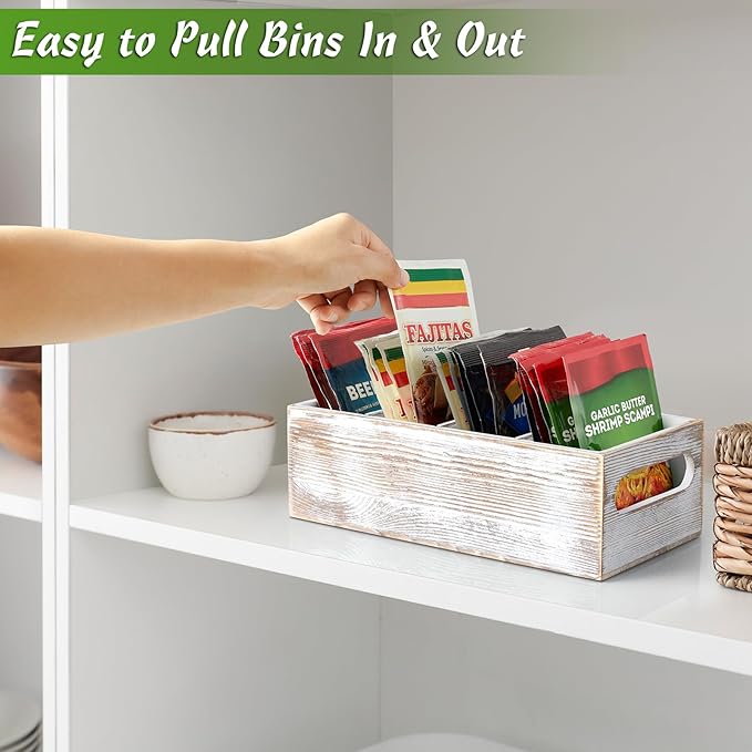 DRASTAR Pantry Organization and Storage Bins, Wooden Seasoning Packet Organizer with Removable Dividers, Retro White Storage Caddy for Kitchen, Pantry, Cabinet, Countertop