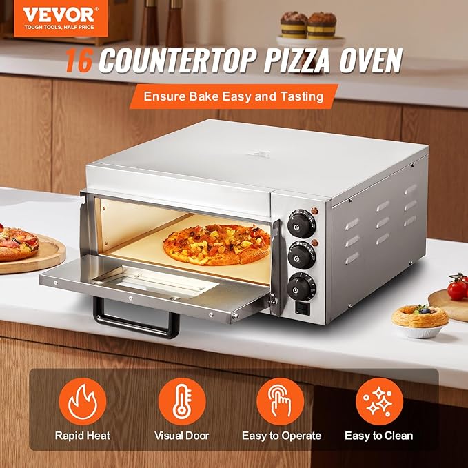 VEVOR Commercial Pizza Oven Countertop, 16" Single Deck Layer, Stainless Steel Electric Pizza Oven with Stone and Handle, Multipurpose Indoor Pizza Maker for Restaurant Home Pretzels Baked