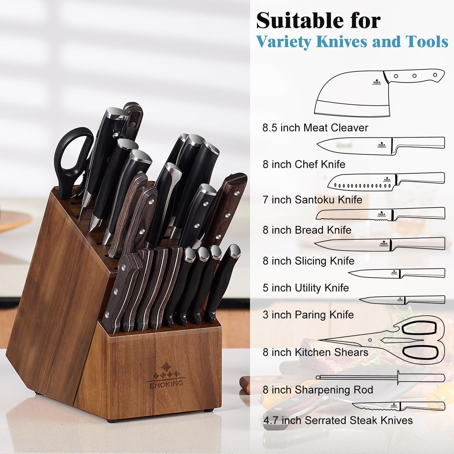 ENOKING Knife Block without Knives, Large Knife Holder- 25 Slots Acacia Wood Universal Knife Block, Butcher Block Countertop for Knife Storage Organizer