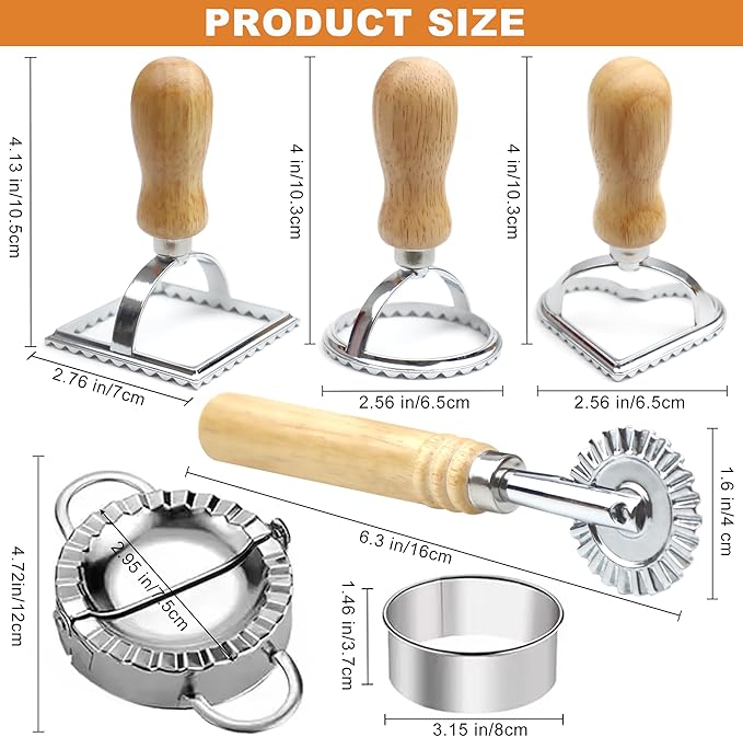 Ravioli Pasta Maker Cutter with Roller Wheel (Set of 6), Ravioli Cutter Set with Wooden Handle, Ravioli Press Pasta Maker Tools for Ravioli, Pasta Making Dumplings, Lasagna, Pierogi