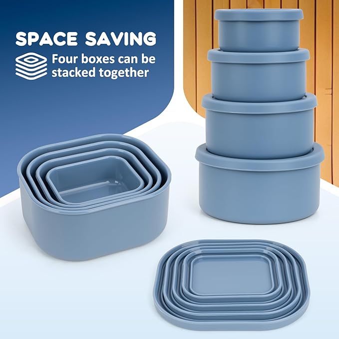 8PCS Silicone Food Storage Containers with Lids,10oz to 51oz,Reusable Leakproof Nesting & Stackable Bento Lunch Box,Microwave Freezer Dishwasher Oven Safe Meal Prep Containers,BPA Free, Slate Blue