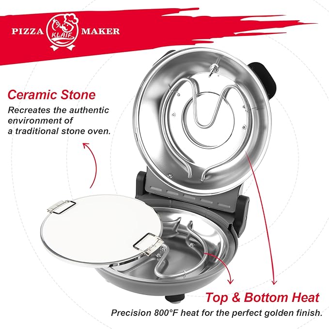 KLAIF 12" Electric Countertop Pizza Oven With Ceramic Stone, Dual Adjustable Temperature Controls, Includes 4 Pizza Tools (Grey)