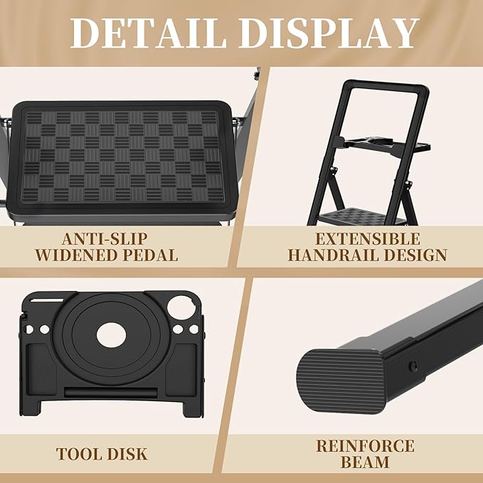 HBTower 5 Step Ladder, Folding Step Stool, Portable Sturdy Steel for Adults with Wide Pedals Home Outdoor Kitchen, Black