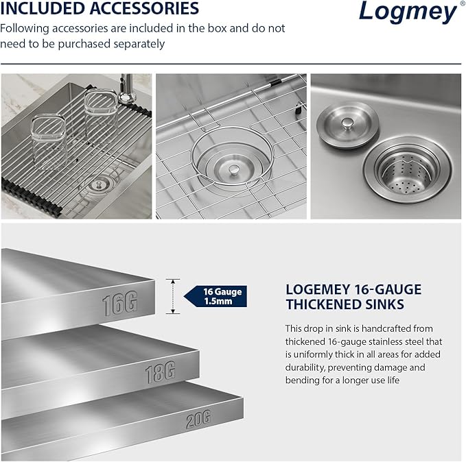 Logmey 33x22 Stainless Steel 50/50 Double Bowl Drop In Kitchen Sink - 16 Gauge Topmount, 33x22x9 Inches