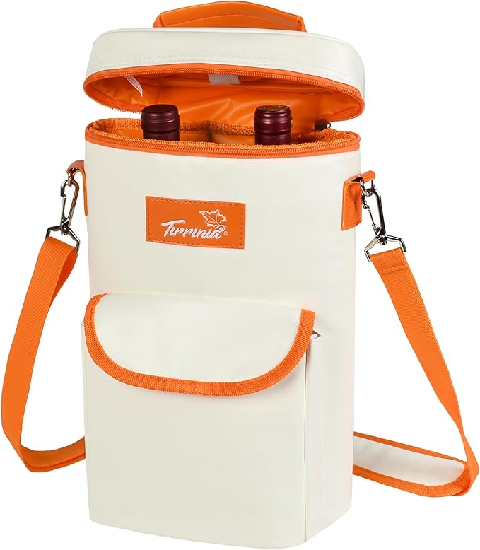 Tirrinia 2 Bottle Wine Gift Tote Carrier - Leakproof & Insulated with large pockets Wine Cooler Bag for Travel, Wine Tasting, Party, Dinner, Great Gift for Wine Lover,White Orange