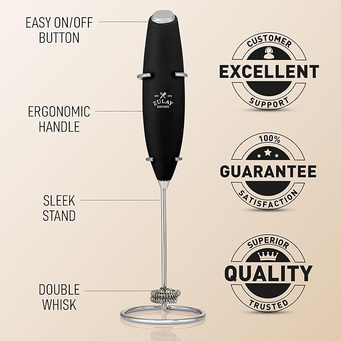 Zulay Kitchen Double Whisk Milk Frother with 2 Duracell Batteries - Powerful Handheld Foam Maker for Coffee, Lattes, Matcha, Hot Chocolate & Cappuccinos - Whip Creamy Froth in Seconds