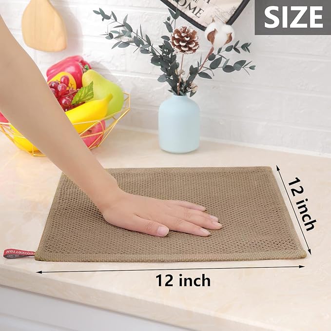 Homaxy 100% Cotton Waffle Weave Kitchen Dish Cloths, Ultra Soft Absorbent Quick Drying Dish Towels, 12 x 12 Inches, 6-Pack, Tan