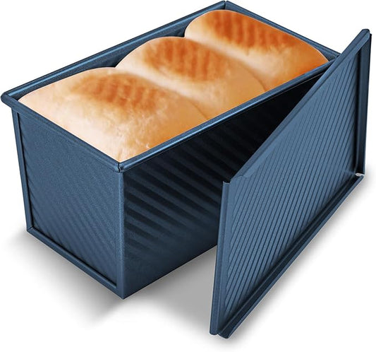 KITESSENSU Pullman Loaf Pan with Lid, 1 lb Dough Capacity Non-Stick Bakeware for Baking Bread, Carbon Steel Corrugated Bread Toast Box Mold with Cover,Blue