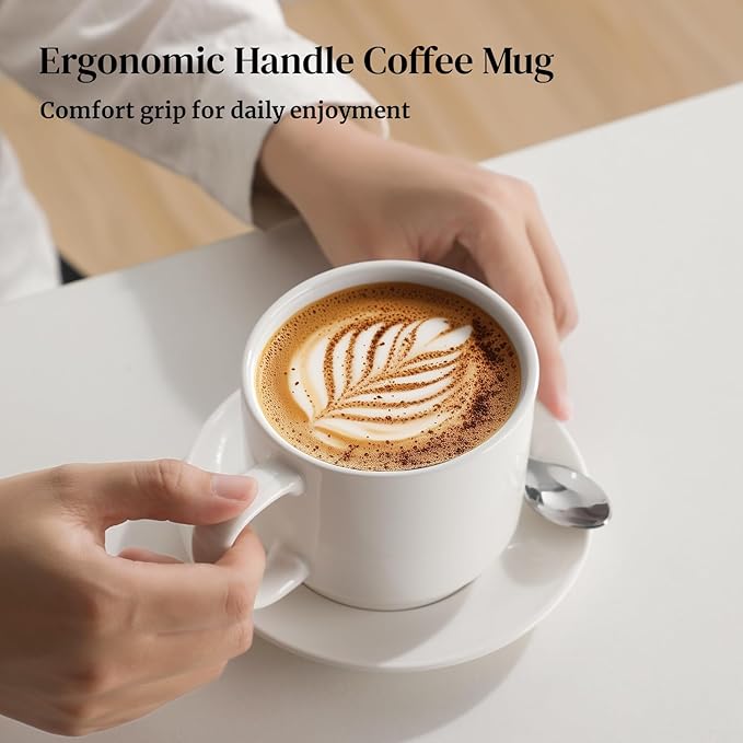 DOWAN 12oz Coffee Mugs, Cappuccino Cup and Saucer Set of 4, White Ceramic Coffee Cups for Latte/Tea/Milk, Tea Cups for Use in Office, Home and Cafes, Microwave Safe