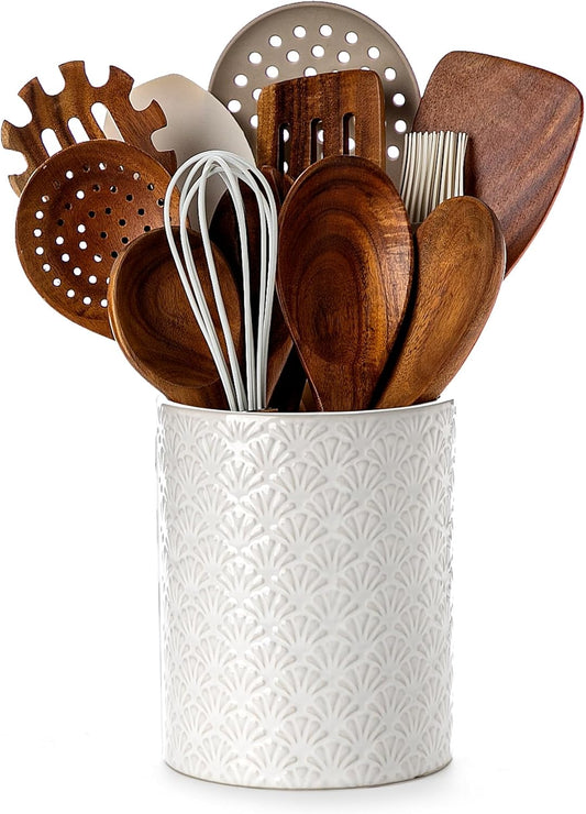 Nucookery 6.4'' Utensil Holder - Ceramic Utensil Holder for Kitchen Counter, Large Capacity Countertop Storage, Farmhouse Style Utensil Crock Organizer for Spoons, Spatulas & Cooking Tools
