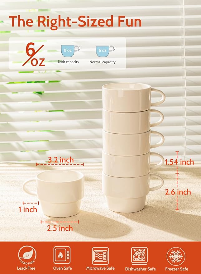 Sweese 6-Pack Porcelain Latte Cups, White Superior Durable Professional, 6 Count (Pack of 1)