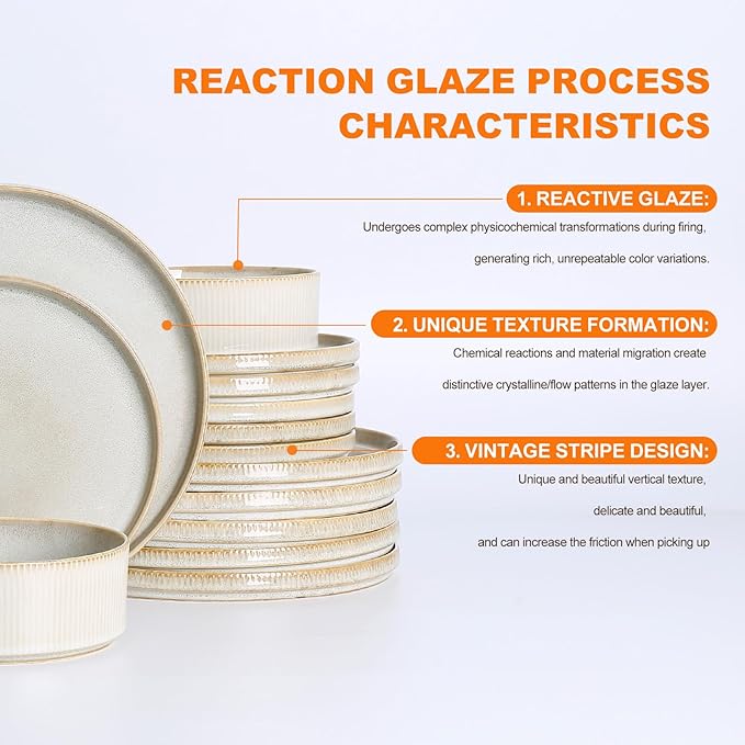 MONITO Ceramic Dinnerware Sets for 6, 18PCS Stoneware Plates and Bowls Sets, Reactive Glaze Dish Set, Chip and Scratch Resistant Double, Microwave and Dishwasher Safe, Beige