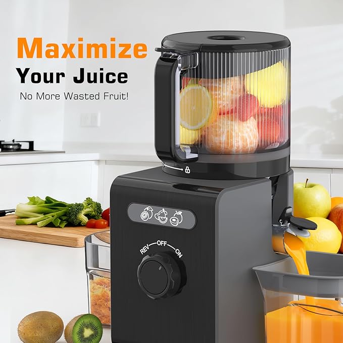 Cold Press Juicer Machines with 6.5" Large Feed Chute, Juicer for Whole Vegetables & Fruits, High Juice Yield (Black)